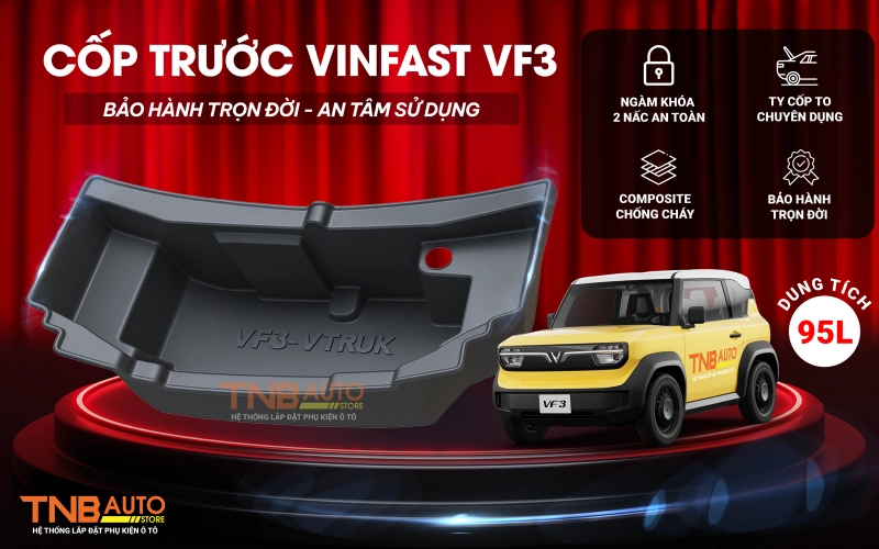 Cốp trước VF3 VTRUK dung tích 95L chất liệu composite chống chất, ngầm khóa 2 nấc an toàn đi kèm ty thủy lực to được bảo hành trọn đời