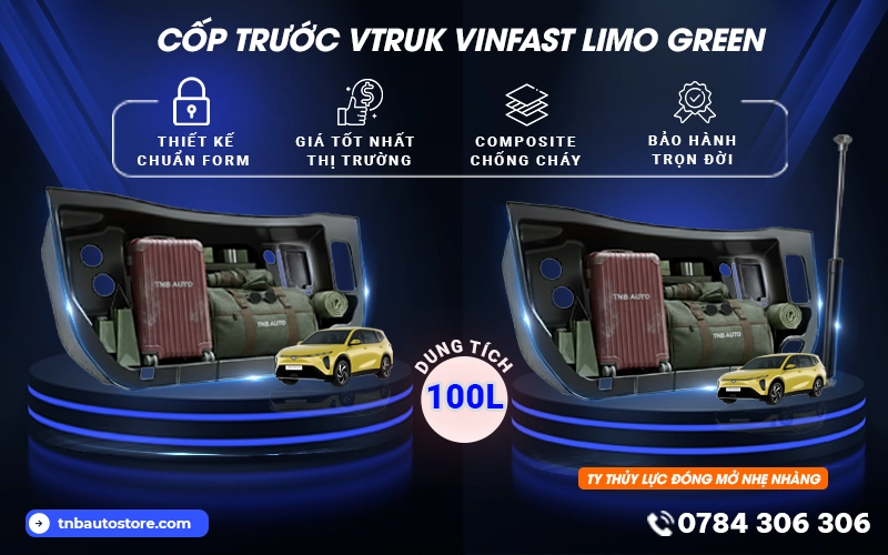 Cốp trước VinFast Limo Green VTRUK 100L được thiết kế chuẩn form làm từ chất liệu composite chống cháy cực kỳ an toàn giúp mở rộng không gian chứa đồ và được bảo hành trọn đời