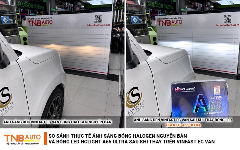 So sánh thực tế khả năng chiếu sáng của đèn pha EC Van bóng Halogen zin và đèn pha xe sau khi thay bóng led 