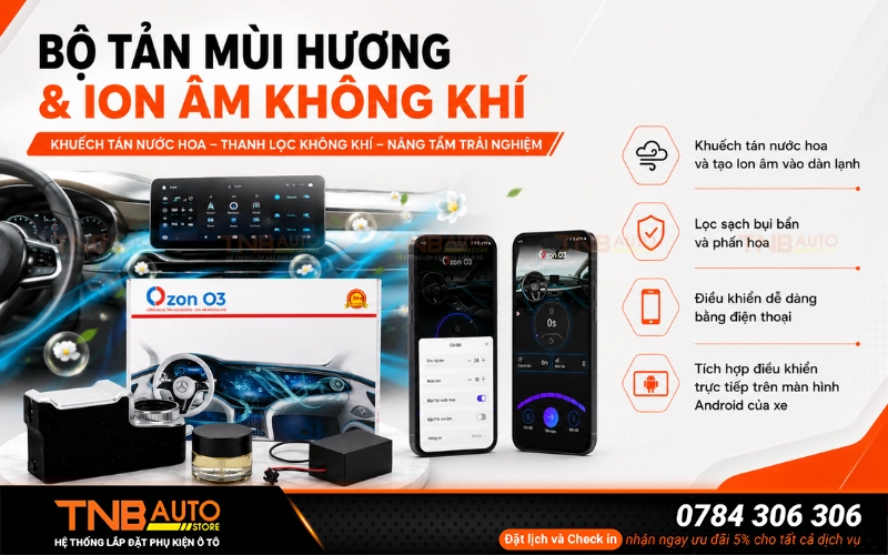 Bộ tản mùi nước hoa và tạo ion âm Ozon O3 để khuếch tán trực tiếp vào dàn lạnh điều hòa ô tô giúp hương thơm lan tỏa nhanh, đều và tự nhiên khắp khoang xe