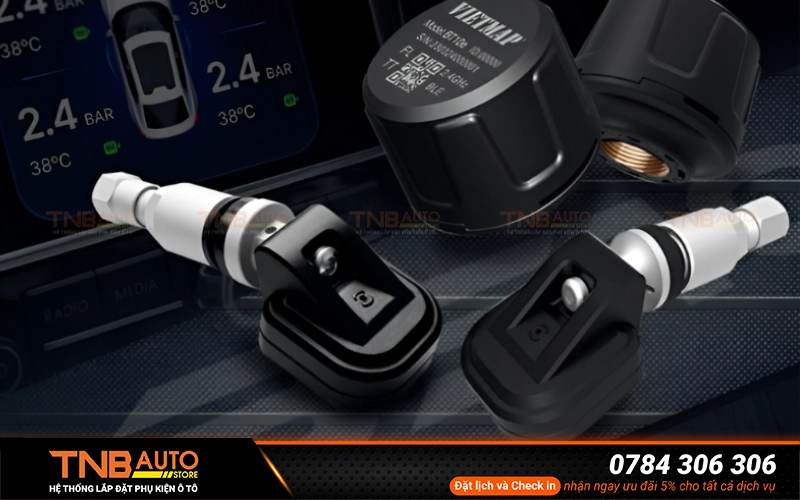 Cảm biến áp suất lốp Vietmap BT10 van trong kết nối trực tiếp với màn hình DVD Android trên xe thông qua Bluetooth 5.0