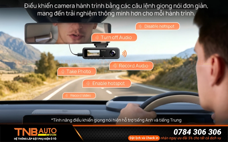 Camera hành trình 70mai T400 2K ghi hình 3 kênh 8 Camera 70mai T400 hỗ trợ ra lệnh bằng giọng nói thực hiện các thao tác như chụp ảnh, bắt đầu ghi hình, bật/tắt ghi âm hoặc kích hoạt hotspot