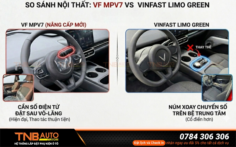 So sánh VF MPV 7 và Vinfast Limo Green: Nên chọn xe nào? 3 Nội thất VF MPV7 được nâng cấp thêm cần số, đặt sau vô-lăng, ghế da cao cấp so với bản Vinfast Limo Green