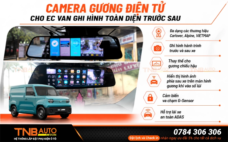 Lắp camera gương điện tử cho EC Van thiết kế 2in1 vừa thay thế gương chiếu hậu thông thường vừa tích hợp camera ghi hình trước sau