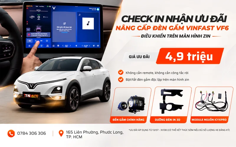 Khách hàng lắp đặt đèn gầm VinFast VF6 tại Hệ thống TNB Auto và thực hiện Check-in sẽ nhận được giá ưu đãi chỉ 4,9 triệu
