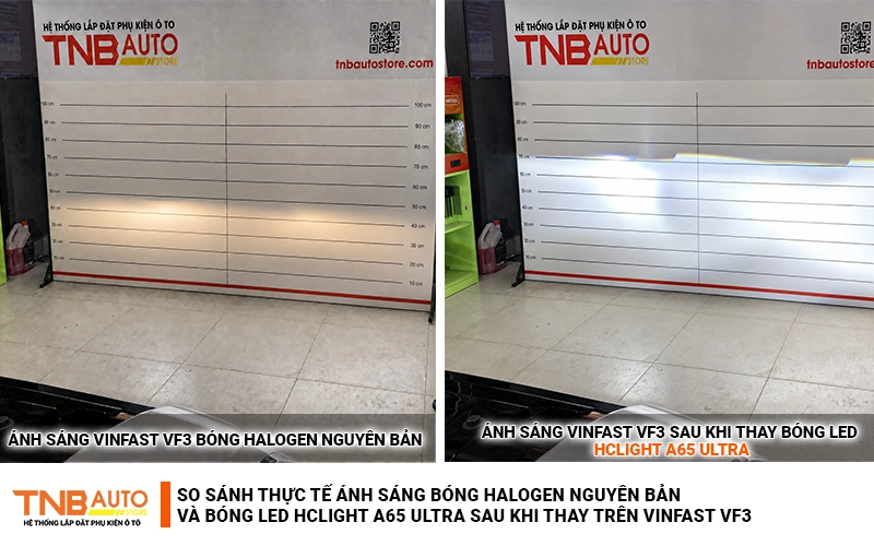 So sánh ánh sáng của đèn pha VF3 bóng Halogen zin và đèn pha sau khi thay bóng led