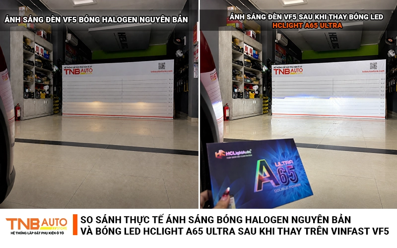 Nâng cấp thay bóng Led VF5 sáng hơn, đảm bảo zin 26 So sánh thực tế khác biệt về chiếu sáng đèn pha bóng Halogen VF5 zin và đèn pha sau khi thay bóng led
